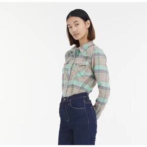 Simms Fishing Gray Turquoise Plaid Snap Front Linen Blend Ruby River Shirt Sz M